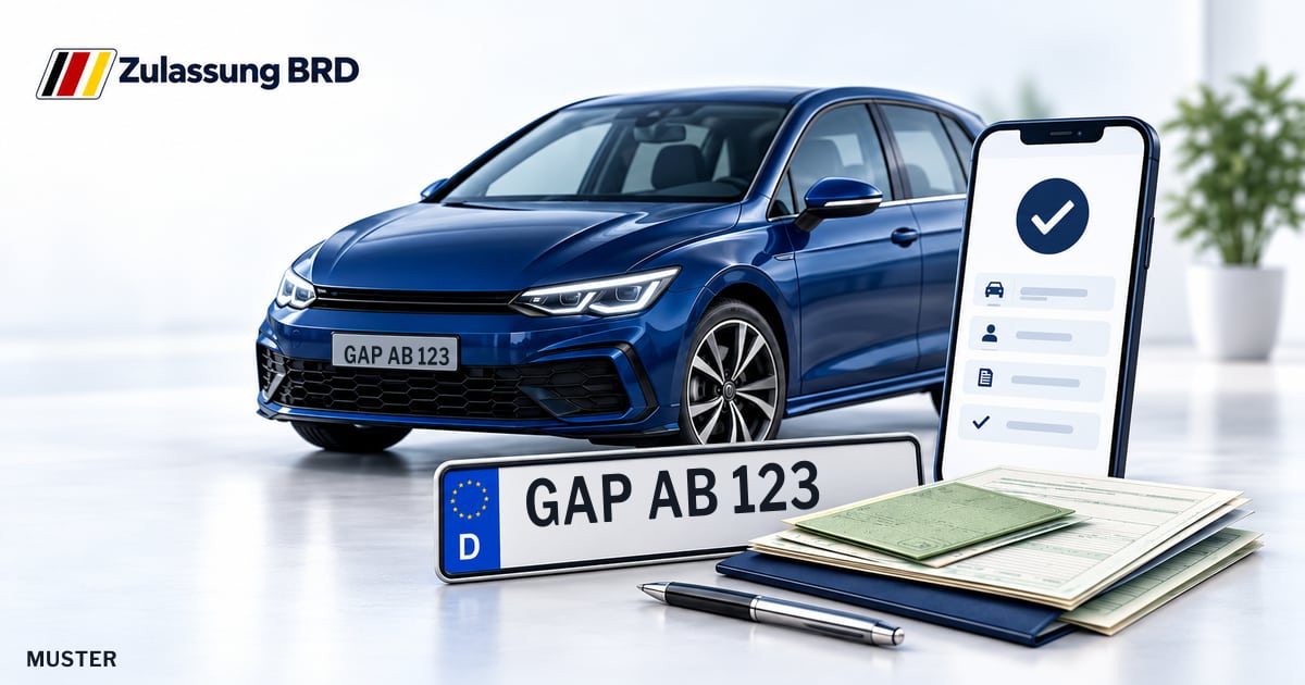 Online Fahrzeugzulassung in Farchant: Musterkennzeichen GAP AB 123, Auto und Fahrzeugpapiere und Smartphone. Illustration mit Logo von Zulassung BRD.